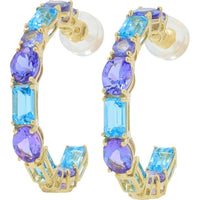 14K Yellow Gold Tanzanite & Blue Topaz C Hoop Earrings - 7.00 Carat Total Gemstone Weight