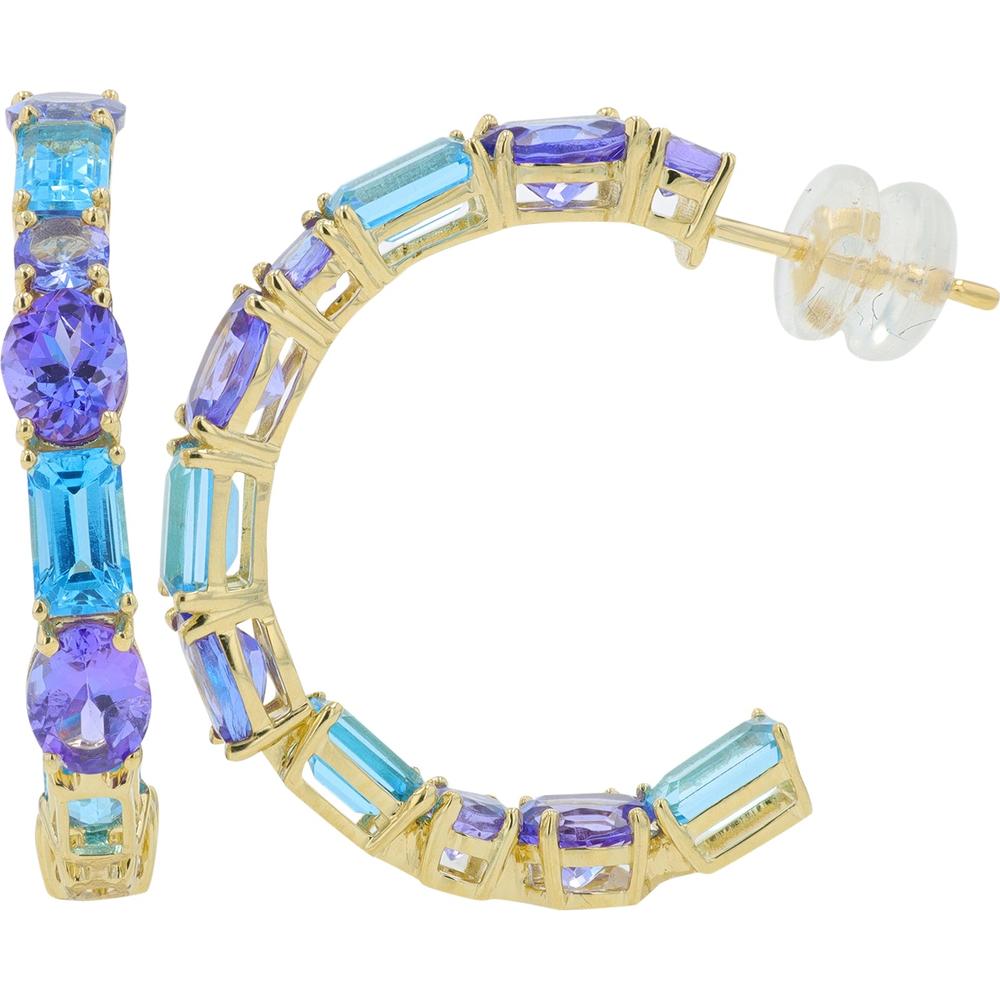 14K Yellow Gold Tanzanite & Blue Topaz C Hoop Earrings - 7.00 Carat Total Gemstone Weight