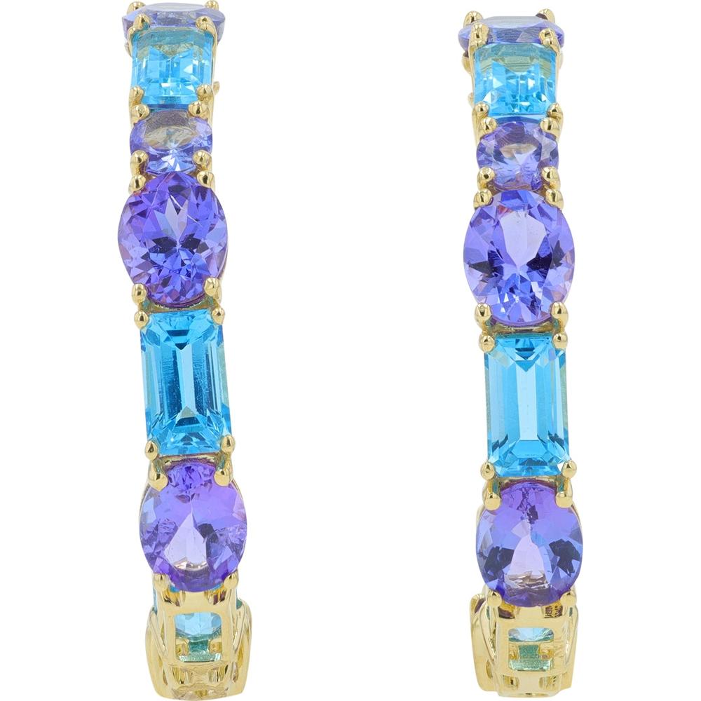 14K Yellow Gold Tanzanite & Blue Topaz C Hoop Earrings - 7.00 Carat Total Gemstone Weight