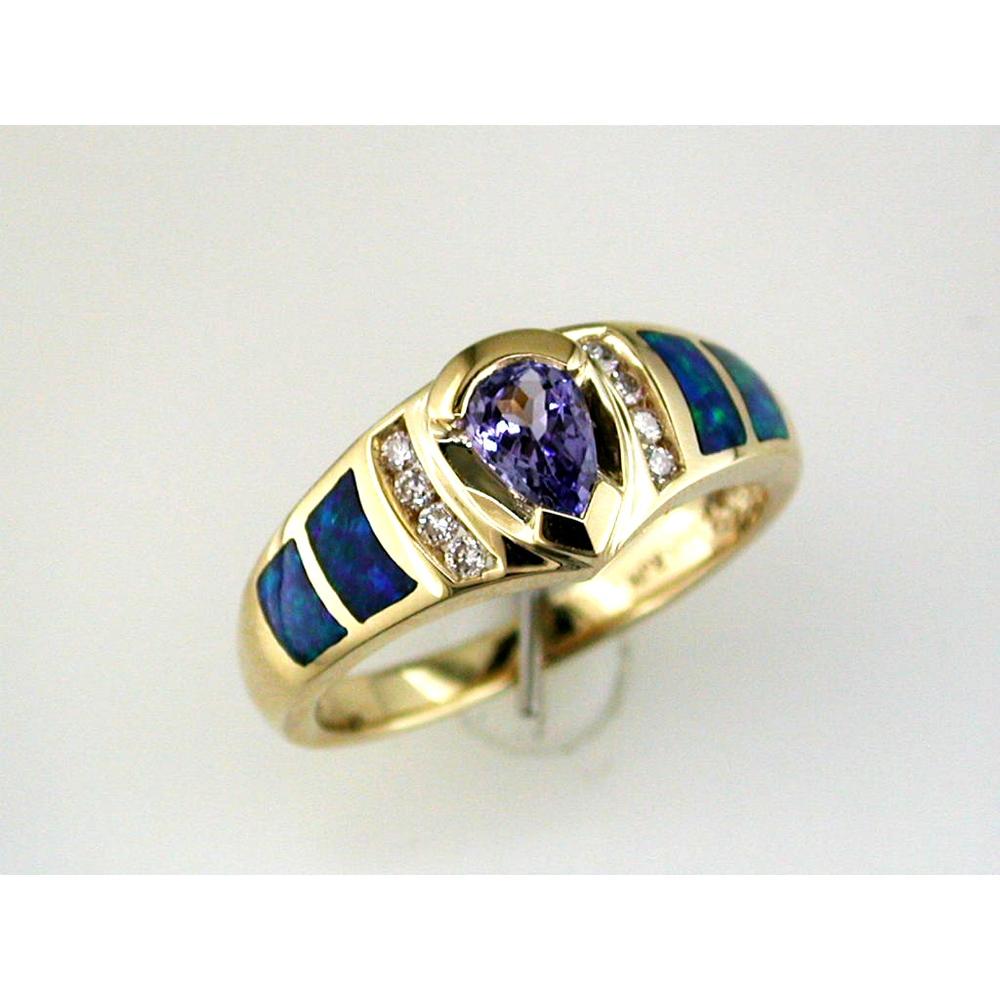 14K Yellow Gold Tanzanite and Opal Pear-Shaped Diamond Ring with Round Diamonds - 0.62 Carats Total Gem Weight