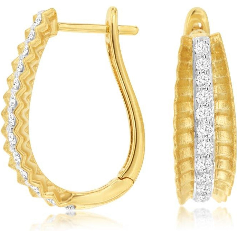 14K Yellow Gold Tapered Wavy Hoop Earrings with Channel-Set Round Diamonds - 0.50 Carat Total Diamond Weight - Royal Jewelry