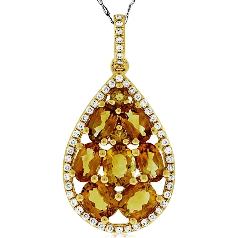 14K Yellow Gold Teardrop Citrine and Round Diamond Pendant - 2.00 Carat Citrine and 0.20 Carat Total Diamond Weight - Royal Jewelry