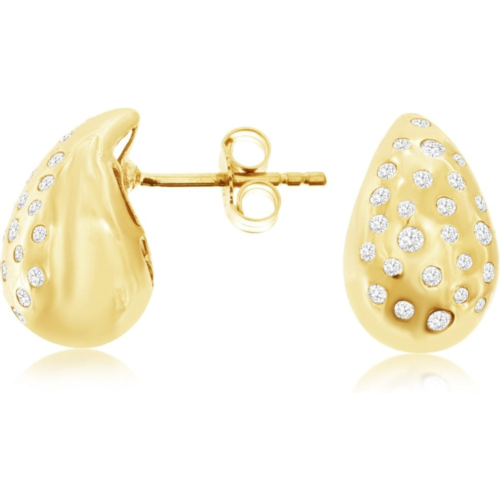 14K Yellow Gold Teardrop Diamond Earrings with Flush-Set Round Diamonds - 0.33 Carat Total Diamond Weight - Royal Jewelry