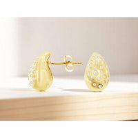 14K Yellow Gold Teardrop Diamond Earrings with Flush-Set Round Diamonds - 0.33 Carat Total Diamond Weight - Royal Jewelry