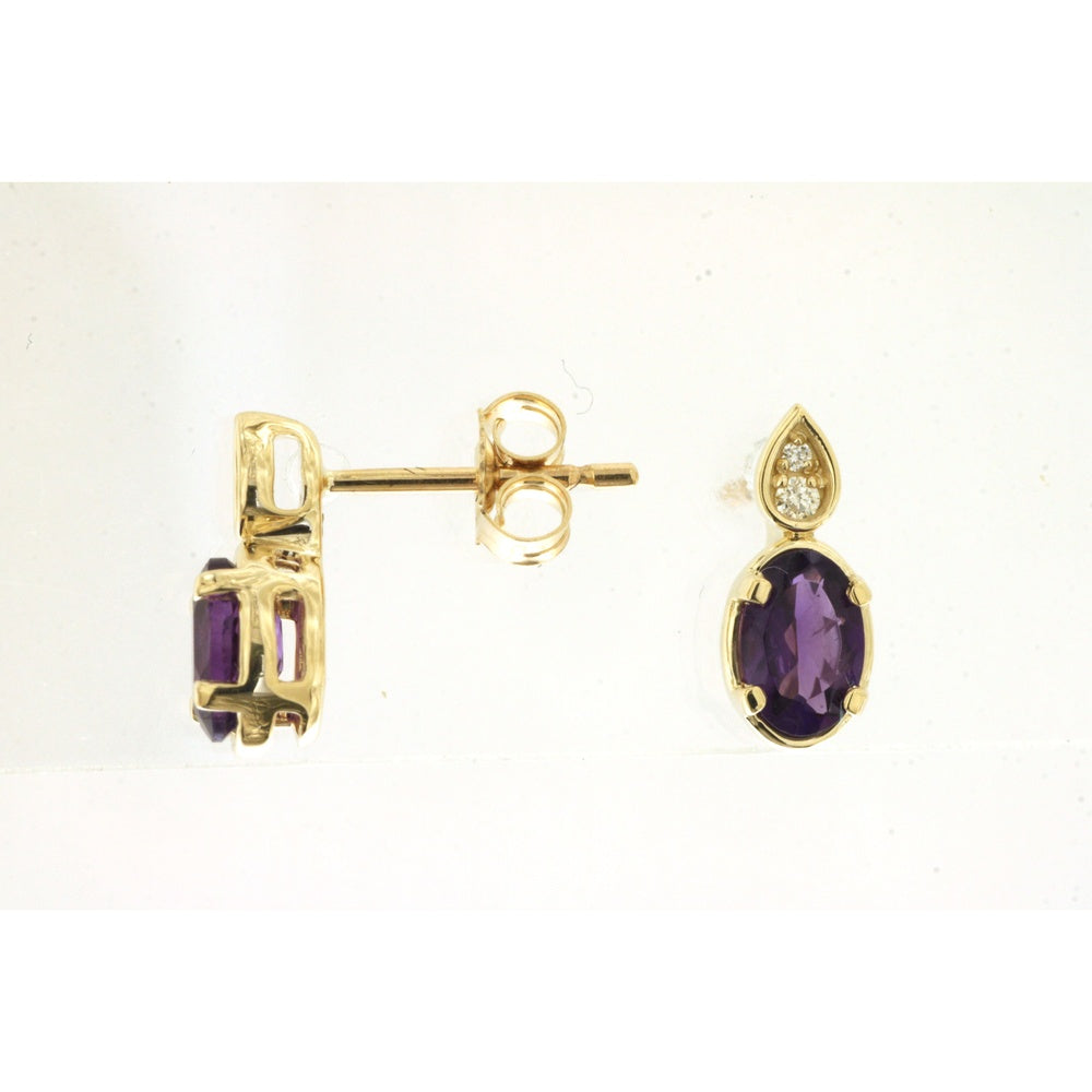 14K Yellow Gold Teardrop Drop Earrings with Oval Amethysts and Diamond Accents - 0.84 Carat Total Amethyst Weight - Royal Jewelry