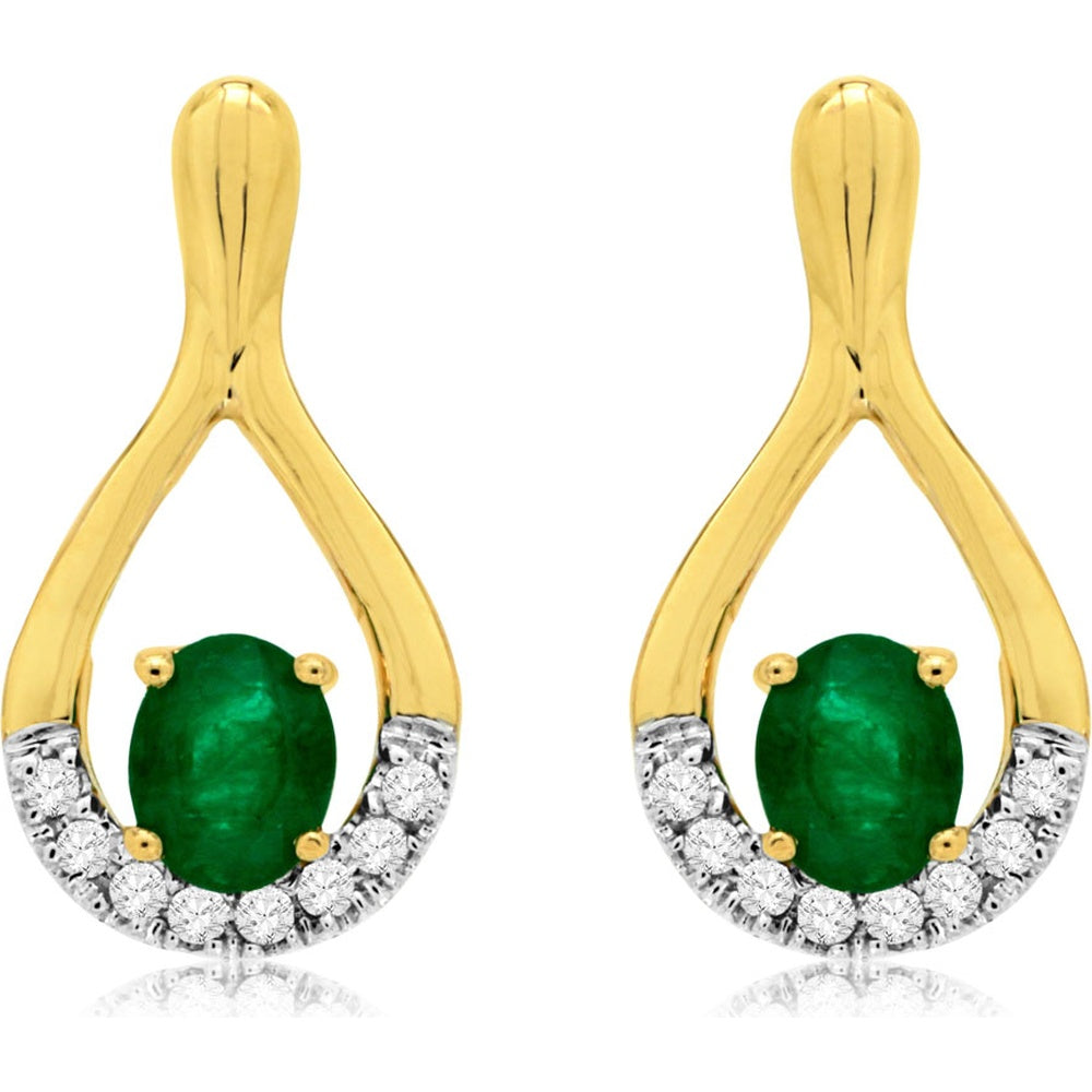 14K Yellow Gold Teardrop Drop Earrings with Oval Emeralds and Pavé Set Round Diamonds - 0.70 Carat Total Emerald Weight and 0.12 Carat Total Diamond Weight - Royal Jewelry
