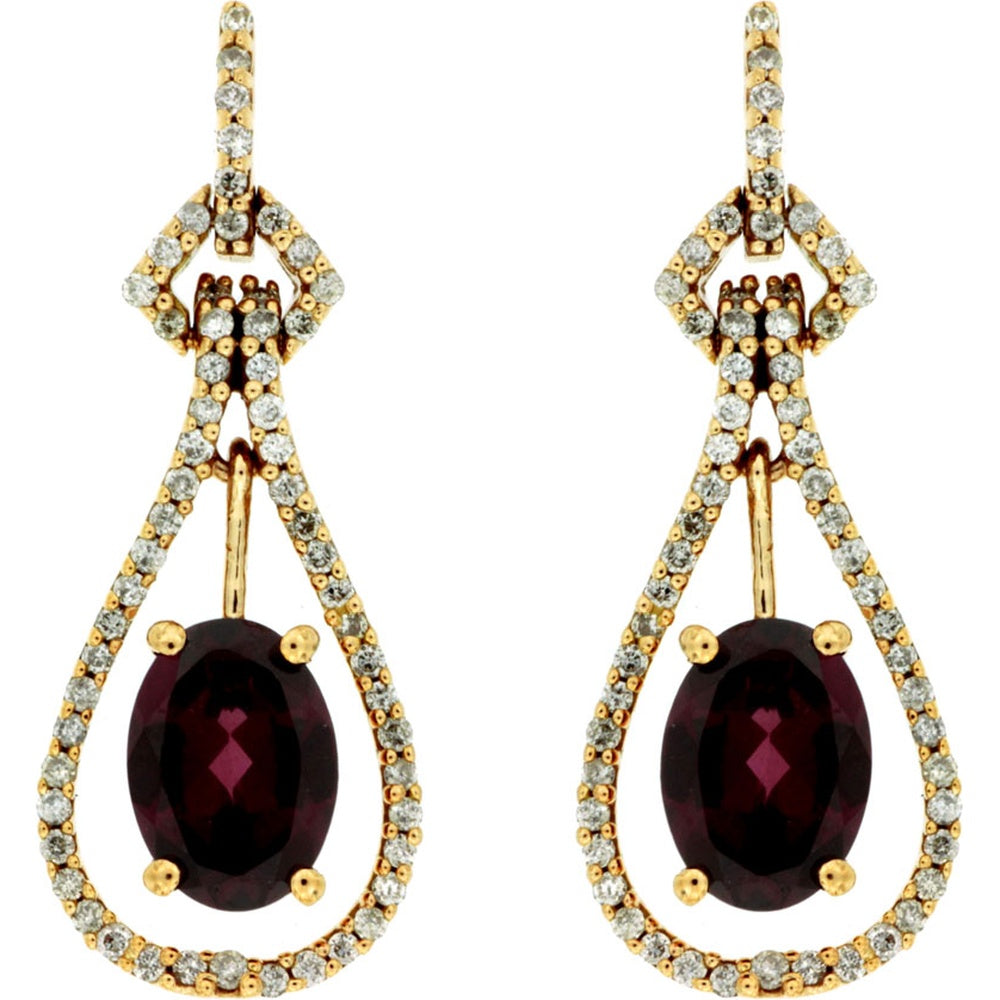 14K Yellow Gold Teardrop Drop Earrings with Oval Rhodolite Garnets and Pavé-Set Round Diamonds - 1.95 Carat Total Rhodolite Weight and 0.34 Carat Total Diamond Weight - Royal Jewelry