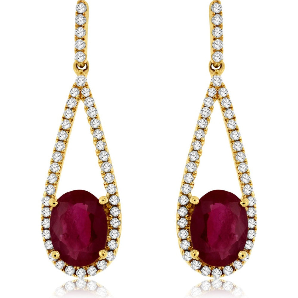 14K Yellow Gold Teardrop Drop Earrings with Oval Rubies and Diamond Halo Frame - 1.80 Carat Total Ruby Weight and 0.35 Carat Total Diamond Weight - Royal Jewelry