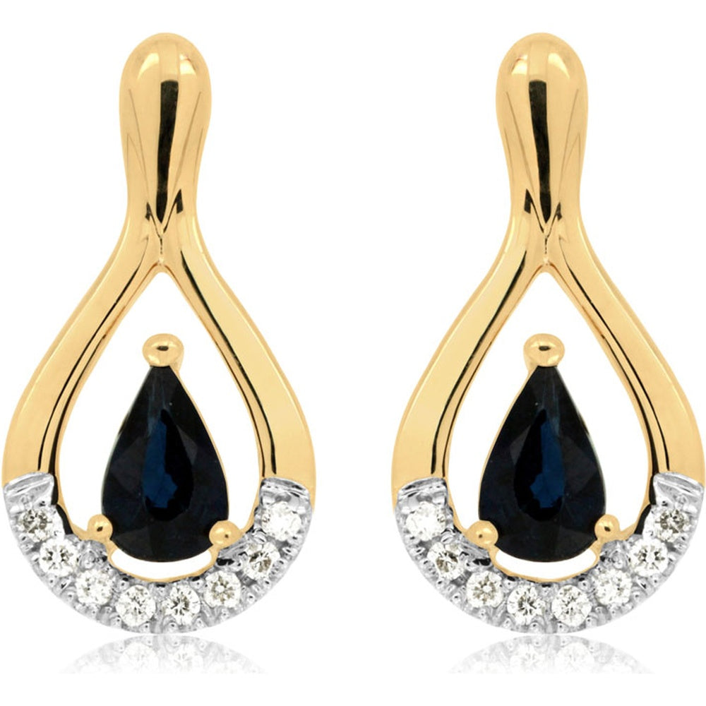14K Yellow Gold Teardrop Drop Earrings with Pear-Shaped Sapphires and Diamond Crescent Accents - 1.05 Carat Total Sapphire Weight - Royal Jewelry