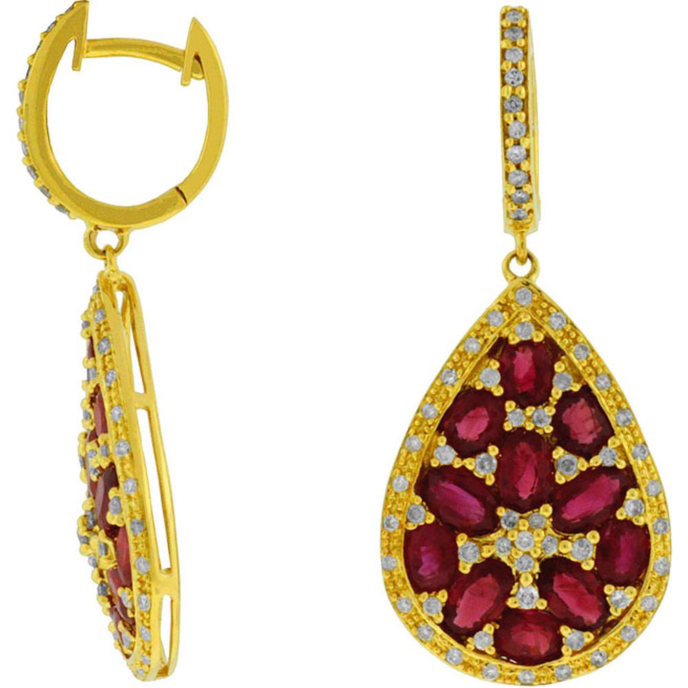 14K Yellow Gold Teardrop Earrings with Oval Rubies and Round Diamonds - 5.35 Carats Total Ruby Weight, 0.68 Carats Total Diamond Weight