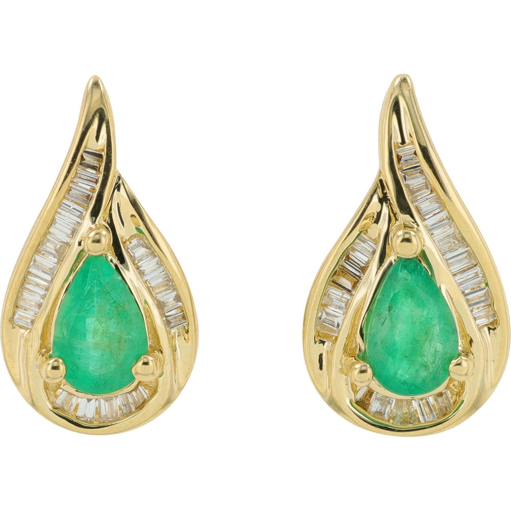 14K Yellow Gold Teardrop Earrings with Pear-Shaped Emeralds and Baguette Diamond Halo - 0.16 Carat Total Diamond Weight