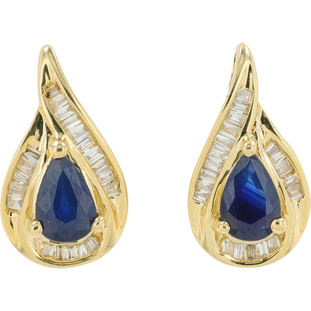 14K Yellow Gold Teardrop Earrings with Pear-Shaped Sapphires and Baguette Diamonds - 0.16 Carat Total Diamond Weight