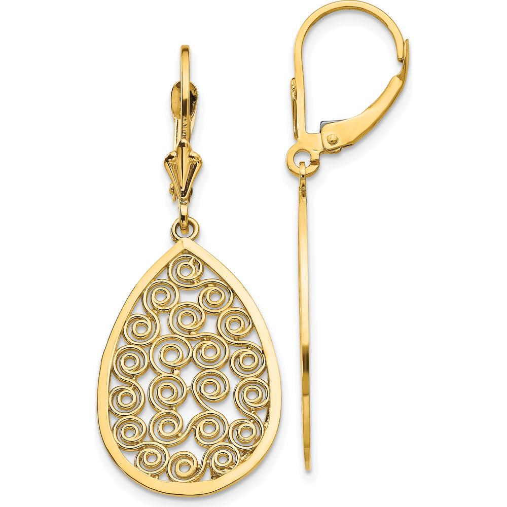 14K Yellow Gold Teardrop Filigree Dangle Earrings with Polished Finish by Oro Pregiato