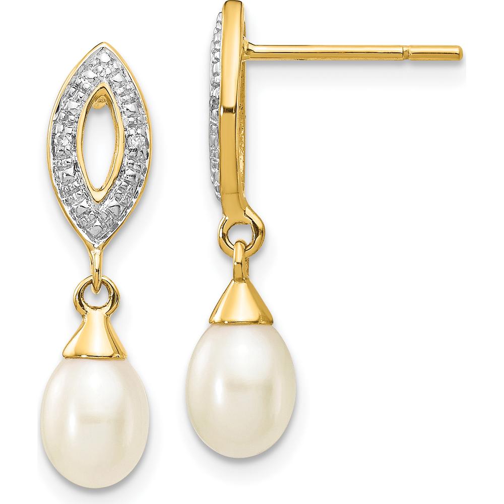 14K Yellow Gold Teardrop Freshwater Pearl and Diamond Dangle Earrings - 0.013 Carat Total Diamond Weight by Monteluci Fine Jewelry
