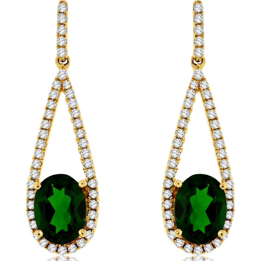 14K Yellow Gold Teardrop Halo Drop Earrings with Oval Russalite and Round Diamonds - 1.90 Carat Total Russalite Weight and 0.35 Carat Total Diamond Weight - Royal Jewelry