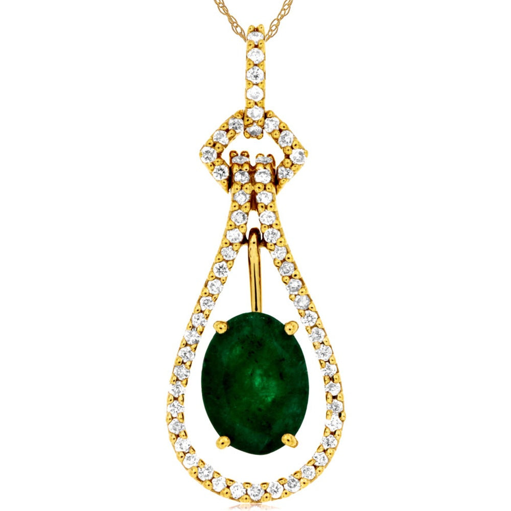 14K Yellow Gold Teardrop Halo Pendant with Oval Emerald and Round Diamonds - 1.10 Carat Emerald and 0.22 Carat Diamond Total Weight - Royal Jewelry