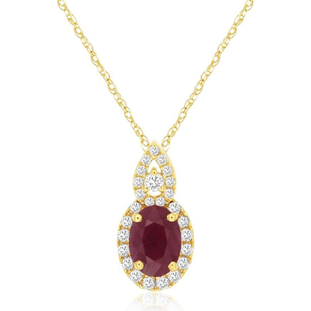 14K Yellow Gold Teardrop Halo Pendant with Oval Ruby and Round Diamonds - 0.90 Carat Ruby and 0.22 Carat Total Diamond Weight - Royal Jewelry