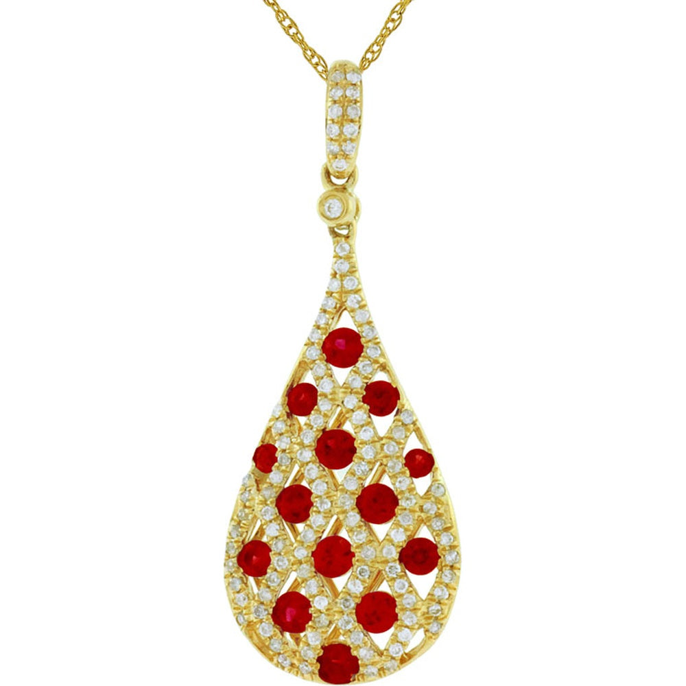 14K Yellow Gold Teardrop Lattice Pendant with Round Rubies and Pavé Set Round Diamonds - 0.80 Carat Ruby and 0.33 Carat Diamond Total Weight - Royal Jewelry