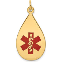 14K Yellow Gold Teardrop Medical Alert Pendant with Red Enamel - Engravable by Oro Pregiato