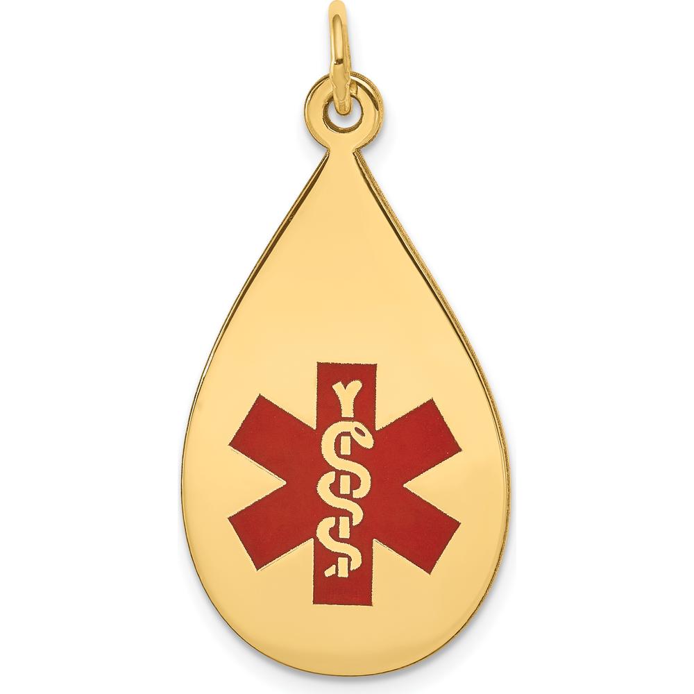 14K Yellow Gold Teardrop Medical Alert Pendant with Red Enamel - Engravable by Oro Pregiato