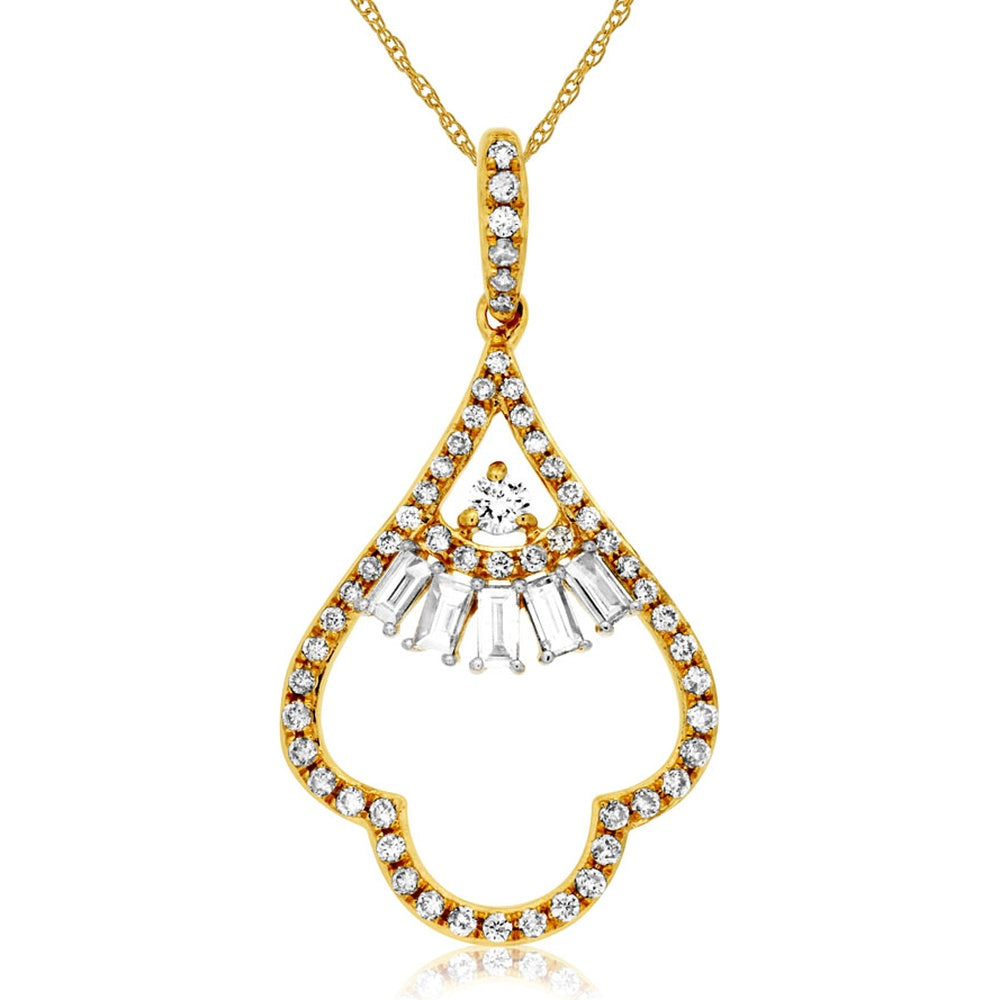 14K Yellow Gold Teardrop Open Pendant with Round and Baguette Diamonds - 0.41 Carat Total Diamond Weight - Royal Jewelry