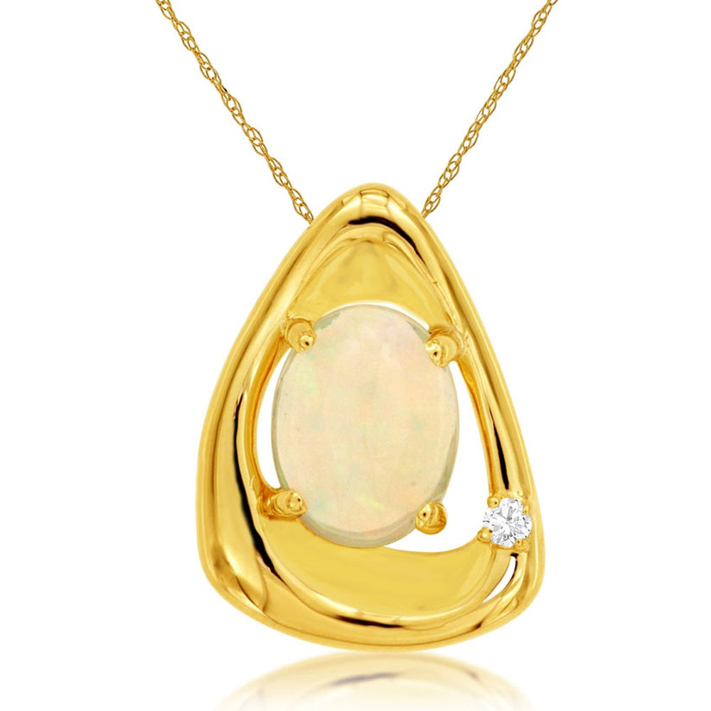 14K Yellow Gold Teardrop Pendant Necklace with Oval Opal and Round Diamond Accent - 1.10 Carat Opal and 0.02 Carat Diamond Total Weight - Royal Jewelry