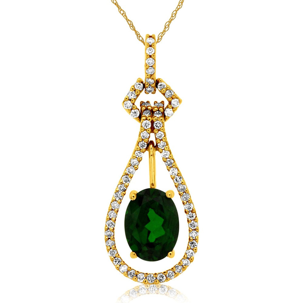 14K Yellow Gold Teardrop Pendant Necklace with Oval Russalite and Pavé-Set Round Diamonds - 1.30 Carat Russalite and 0.22 Carat Total Diamond Weight - Royal Jewelry