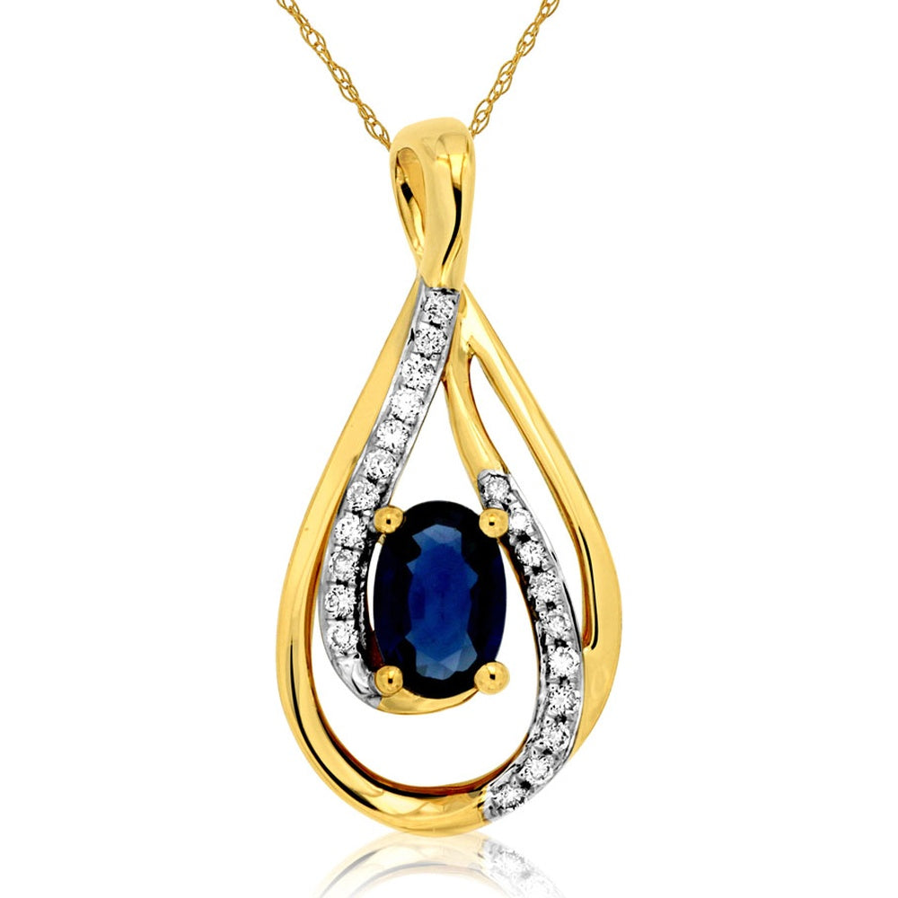 14K Yellow Gold Teardrop Pendant Necklace with Oval Sapphire and Pavé-Set Diamond Accents - 0.60 Carat Sapphire and 0.08 Carat Diamond Total Weight - Royal Jewelry