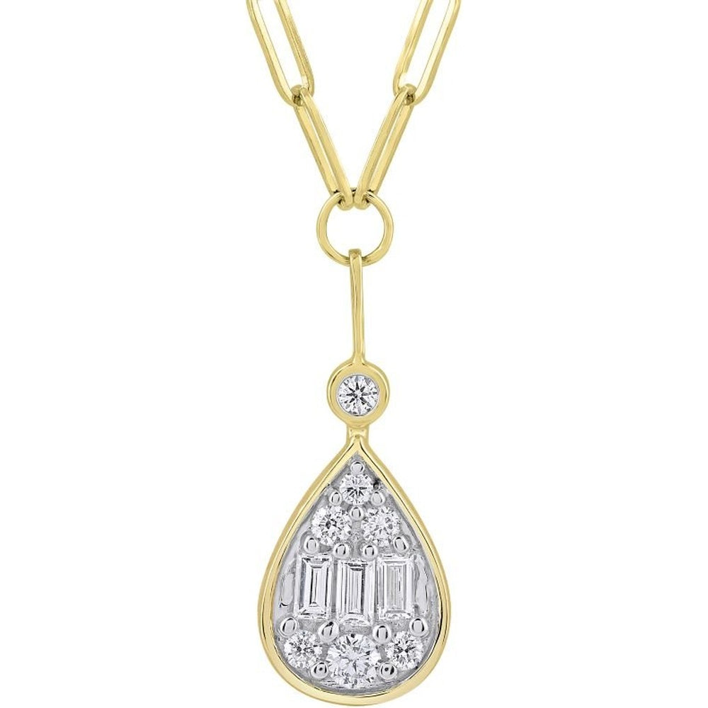 14K Yellow Gold Teardrop Pendant Necklace with Pavé Round and Baguette Diamonds - 0.51 Carat Total Diamond Weight by Auriventus