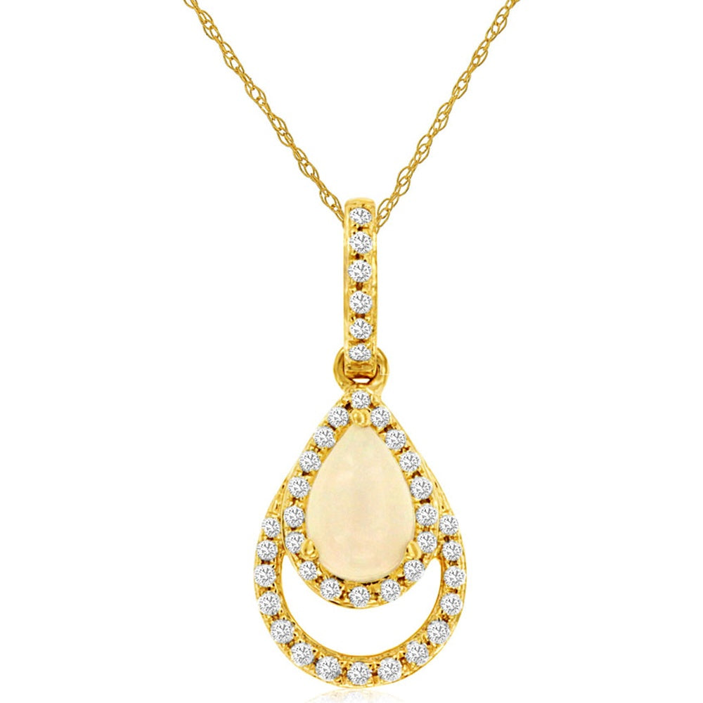 14K Yellow Gold Teardrop Pendant Necklace with Pear-Shaped Opal and Prong-Set Round Diamond Accents - 0.25 Carat Opal and 0.11 Carat Total Diamond Weight - Royal Jewelry