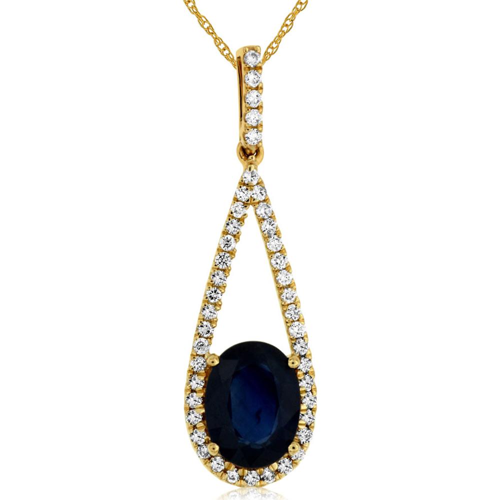 14K Yellow Gold Teardrop Pendant with 1.47 Carat Oval Sapphire and 0.23 Carat Diamond Halo - Royal Jewelry
