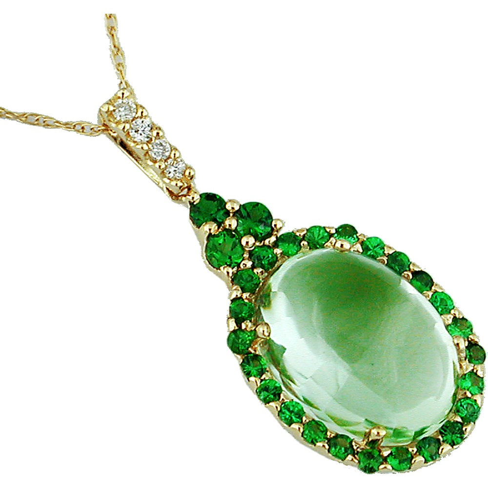 14K Yellow Gold Teardrop Pendant with 8.10 Carat Oval Green Amethyst, Round Green Garnet Halo, and 0.06 Carat Diamond Accented Bail - Royal Jewelry