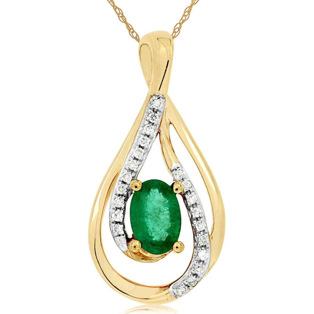 14K Yellow Gold Teardrop Pendant with Oval-Cut Emerald and Pavé-Set Diamond Accents - 0.45 Carat Emerald and 0.08 Carat Diamond Total Weight - Royal Jewelry