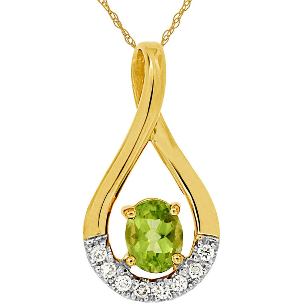 14K Yellow Gold Teardrop Pendant with Oval Peridot and Round Diamond Accents - 0.40 Carat Total Peridot Weight and 0.06 Carat Total Diamond Weight - Royal Jewelry