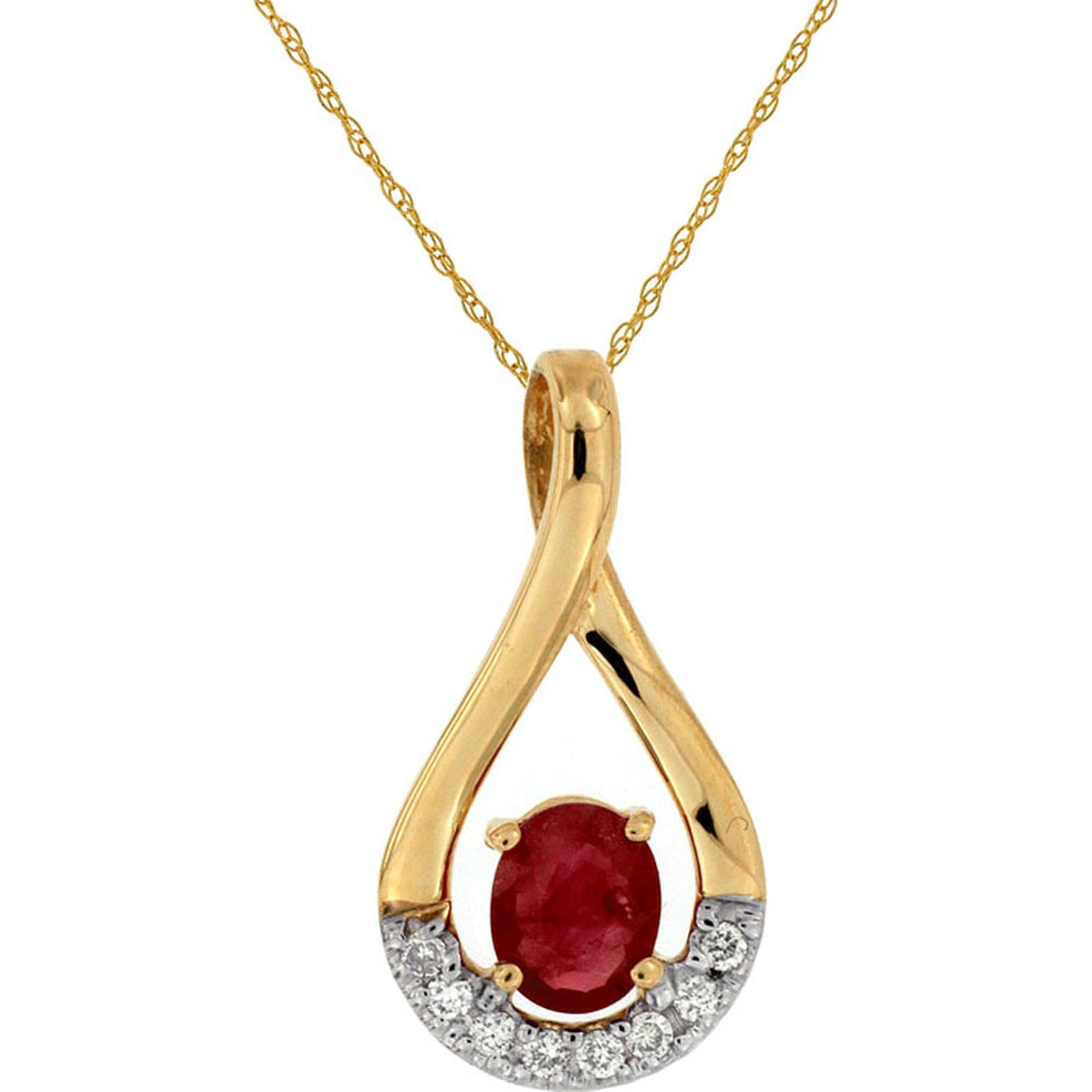 14K Yellow Gold Teardrop Pendant with Oval Ruby and Round Diamond Accents - 0.41 Carat Ruby and 0.06 Carat Total Diamond Weight - Royal Jewelry
