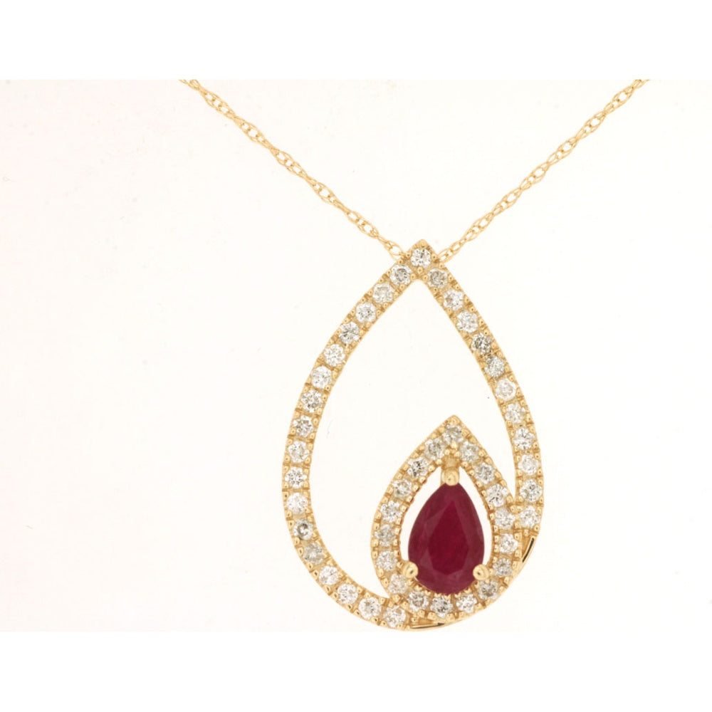 14K Yellow Gold Teardrop Pendant with Pear-Cut Ruby and Diamond Halo - 0.45 Carat Ruby and 0.33 Carat Diamond Total Weight - Royal Jewelry