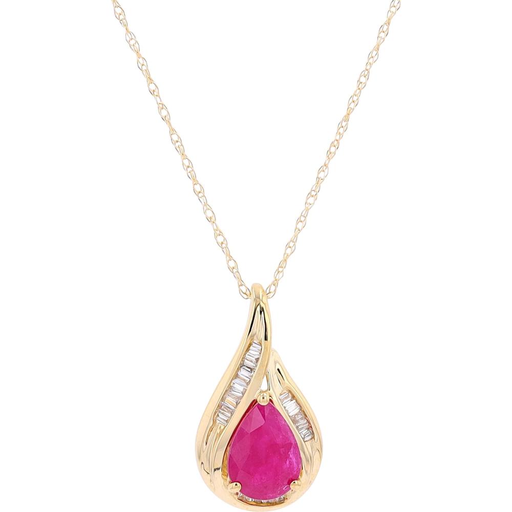 14K Yellow Gold Teardrop Pendant with Pear-Shaped Ruby and Baguette Diamonds - 0.07 Carats Diamond Total Weight