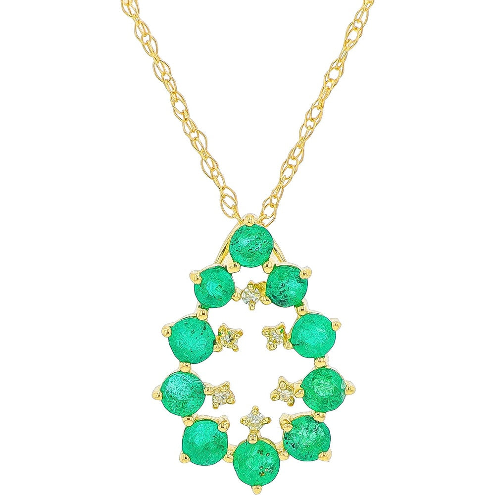 14K Yellow Gold Teardrop Pendant with Prong-Set Round Emeralds and Diamond Accents - 0.50 Carat Total Emerald Weight