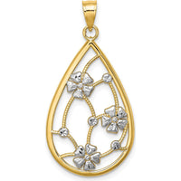14K Yellow Gold Teardrop Pendant with White Rhodium Floral Accent by Oro Pregiato