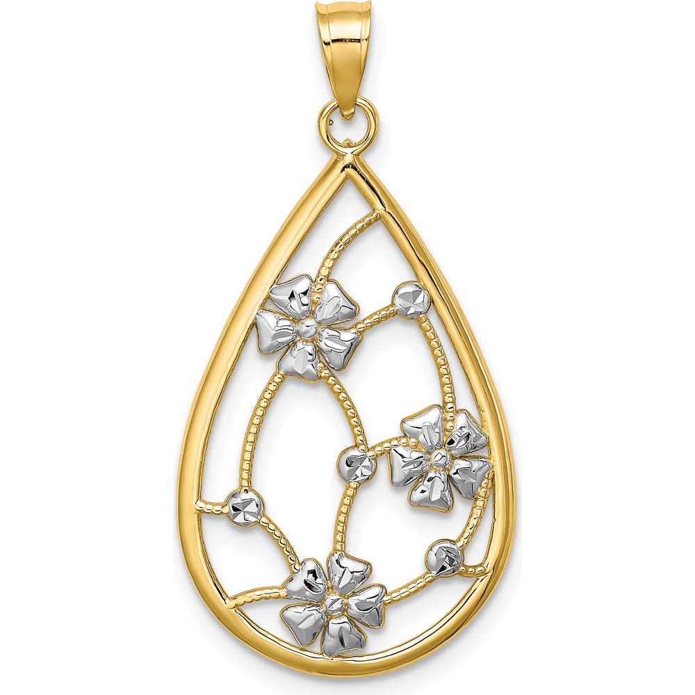 14K Yellow Gold Teardrop Pendant with White Rhodium Floral Accent by Oro Pregiato
