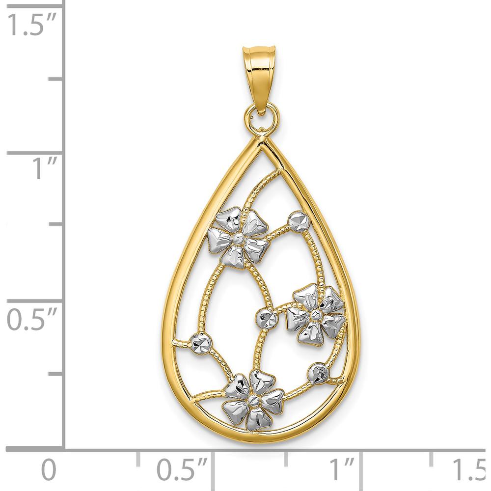 14K Yellow Gold Teardrop Pendant with White Rhodium Floral Accent by Oro Pregiato
