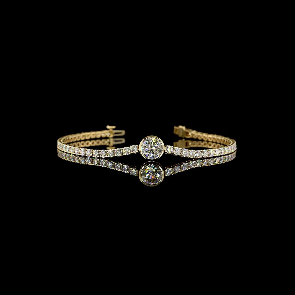 14K Yellow Gold Tennis Bracelet with 2.01 Carats Bezel Set Round Lab Diamond Center and 58 Prong Set Round Lab Diamonds - 7.99 Carats Total Diamond Weight - Covaloro Fine Jewelry