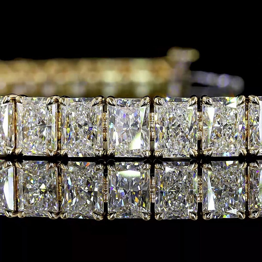 14K Yellow Gold Tennis Bracelet with 46 North-South Prong Set Radiant Cut Lab Diamonds - 16.89 Carat Total Weight, E-F Color, VS1 Clarity - Covaloro Fine Jewelry
