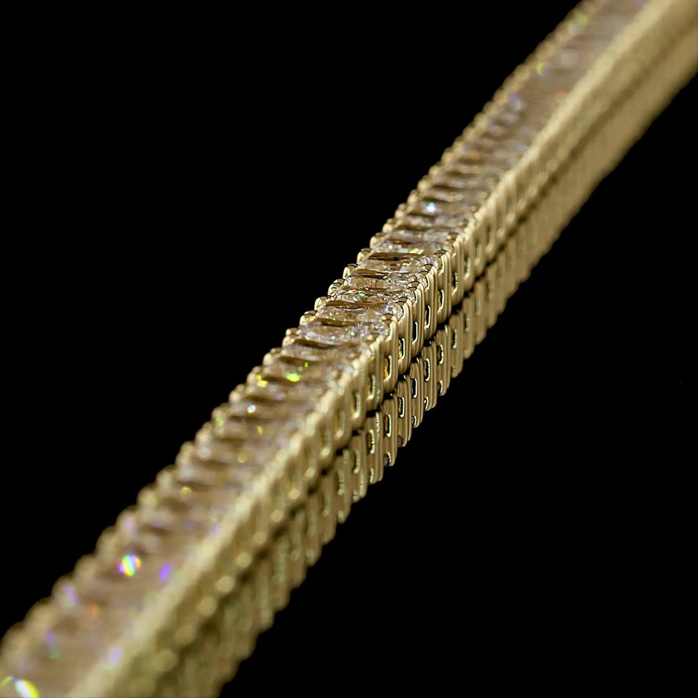 14K Yellow Gold Tennis Bracelet with 63 North-South Prong Set Radiant Cut Lab Diamonds - 7.84 Carat Total Weight, E-F Color VS1 Clarity - Covaloro Fine Jewelry