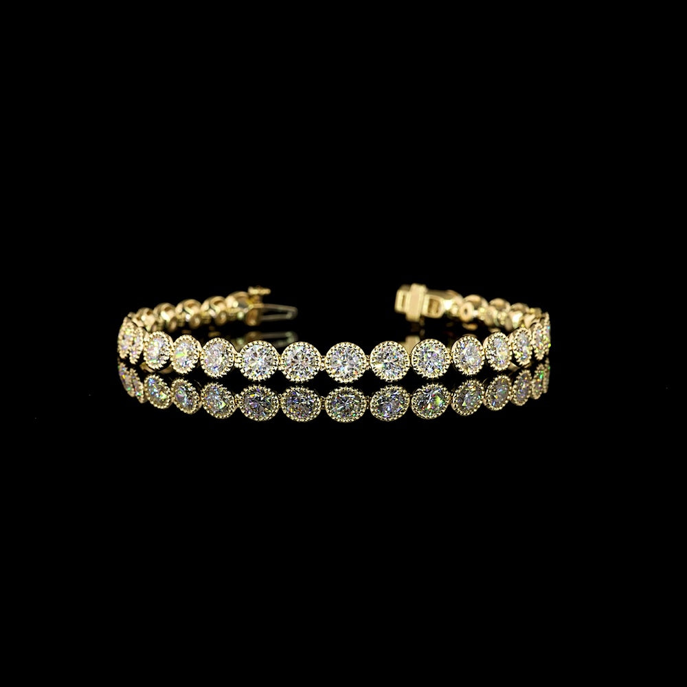 14K Yellow Gold Tennis Bracelet with 9.18 Carat Bezel Set Round Lab Diamonds E-F VS Clarity and Milgrain Detail - Covaloro Fine Jewelry