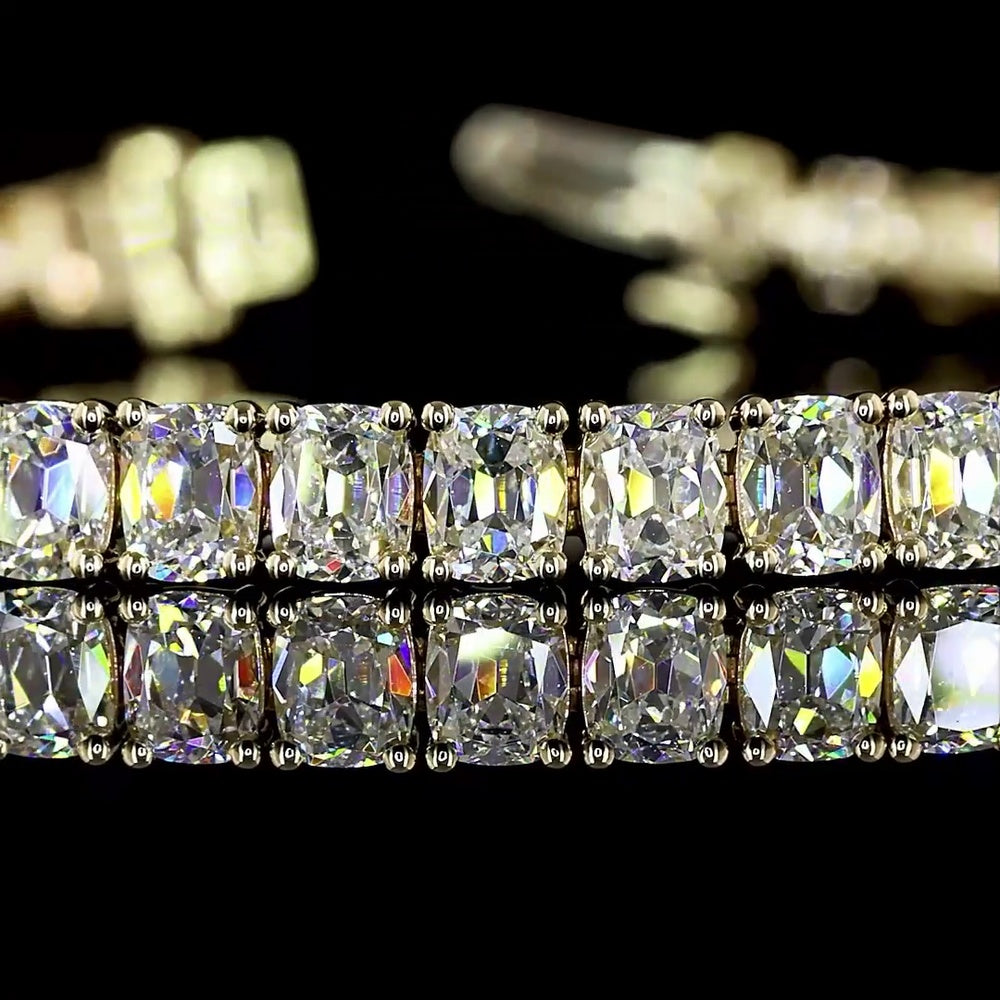 14K Yellow Gold Tennis Bracelet with 9.28 Carat Antique Cushion Cut Lab Diamonds - 58 Stones in Prong Settings - Covaloro Fine Jewelry