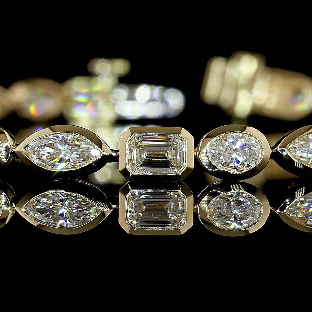 14K Yellow Gold Tennis Bracelet with Alternating Emerald, Marquise, and Oval Cut Lab Diamonds - 5.25 Carats Total Diamond Weight - Covaloro Fine Jewelry
