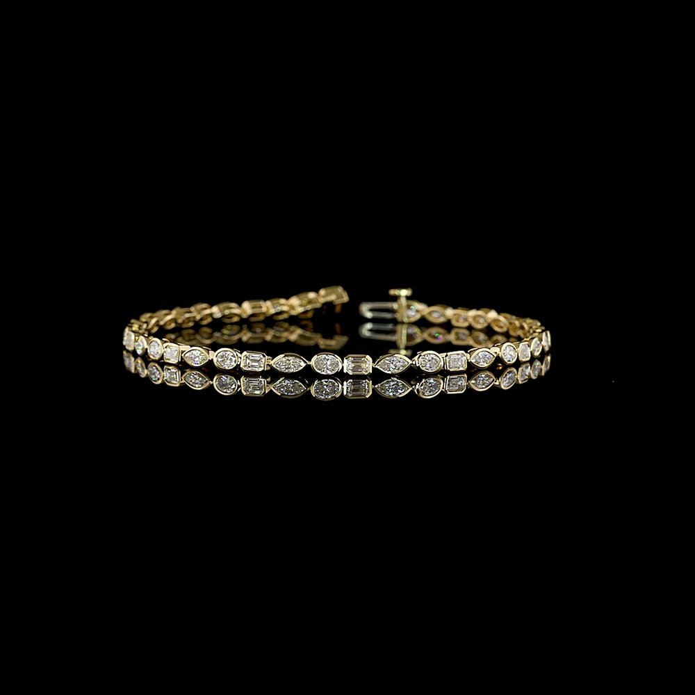 14K Yellow Gold Tennis Bracelet with Alternating Marquise, Oval, and Emerald Cut Bezel Set Natural Diamonds - 3.56 Carat Total Diamond Weight - Covaloro Fine Jewelry