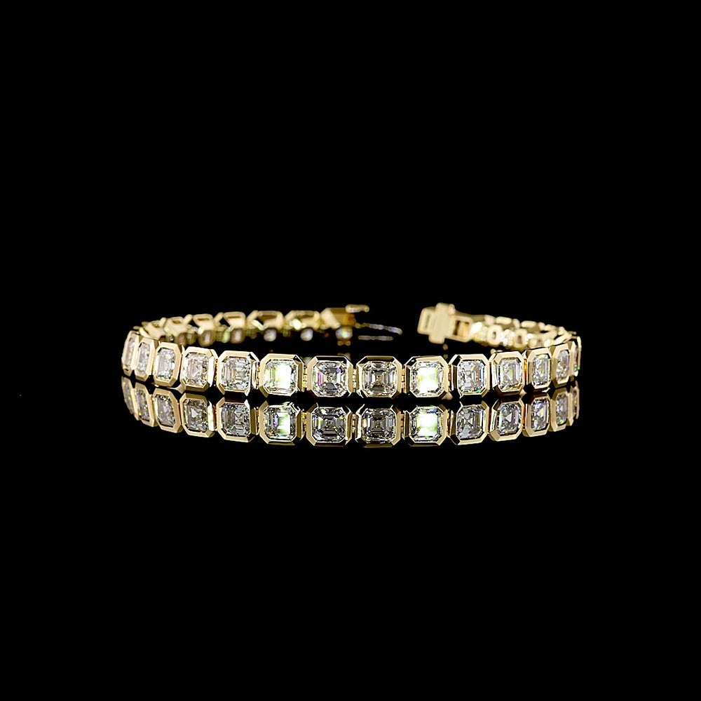 14K Yellow Gold Tennis Bracelet with Bezel Set Asscher Cut Lab Diamonds - 15.34 Carat Total Weight - Covaloro Fine Jewelry