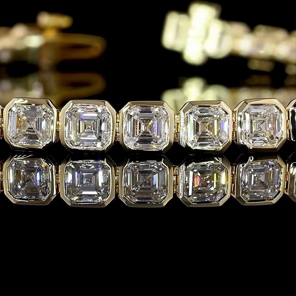14K Yellow Gold Tennis Bracelet with Bezel Set Asscher Cut Lab Diamonds - 16.44 Carats Total Diamond Weight - Covaloro Fine Jewelry